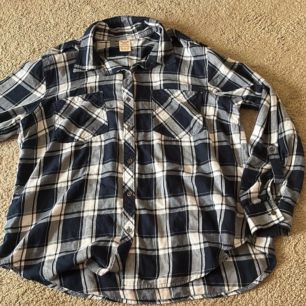 Navy blue and white button down shirt